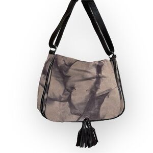 ABRO suede leather abstract print saddle bag, brown and tan, adjustable strap